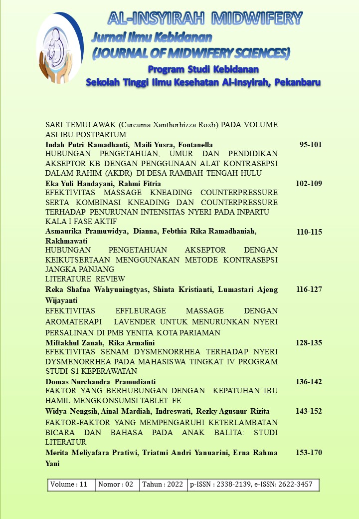 					View Vol. 11 No. 2 (2022): Al-Insyirah Midwifery: Jurnal Ilmu Kebidanan (Journal of Midwifery Sciences)
				