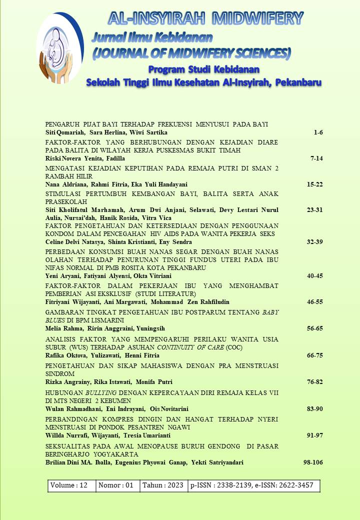 					View Vol. 12 No. 1 (2023): Al-Insyirah Midwifery: Jurnal Ilmu Kebidanan (Journal of Midwifery Sciences)
				