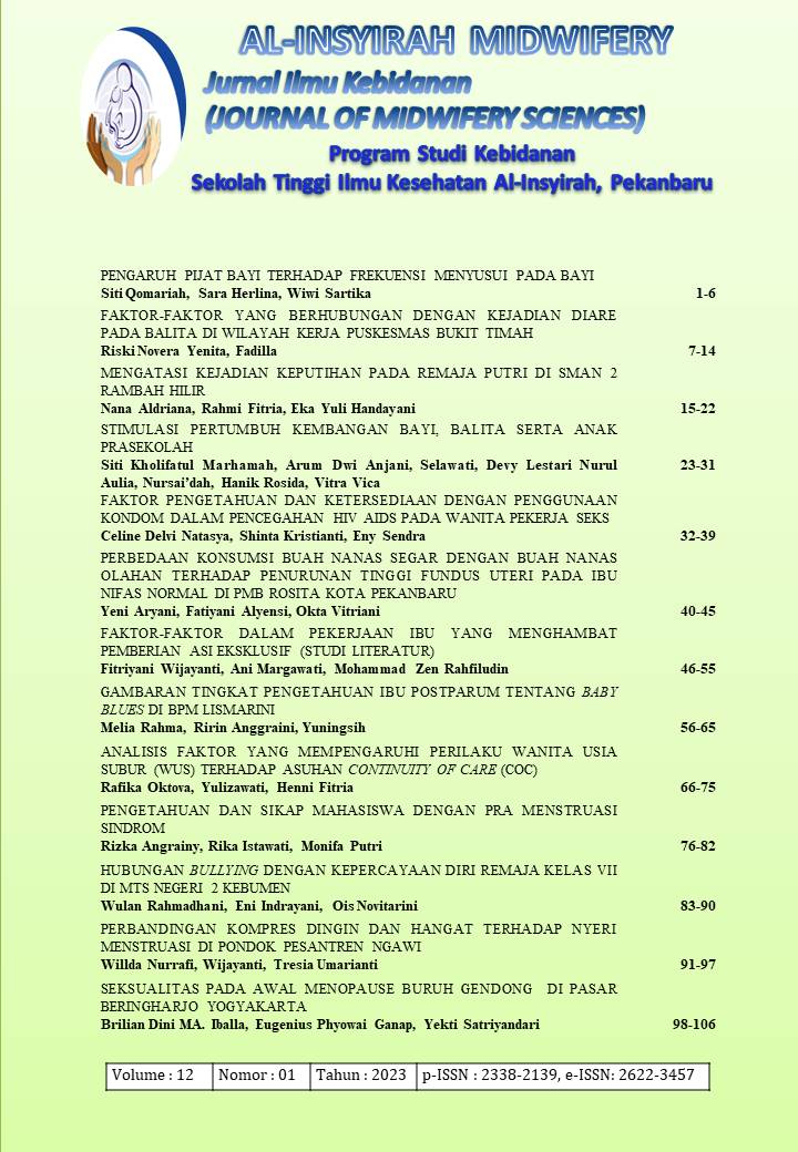 					Lihat Vol 12 No 1 (2023): Al-Insyirah Midwifery: Jurnal Ilmu Kebidanan (Journal of Midwifery Sciences)
				