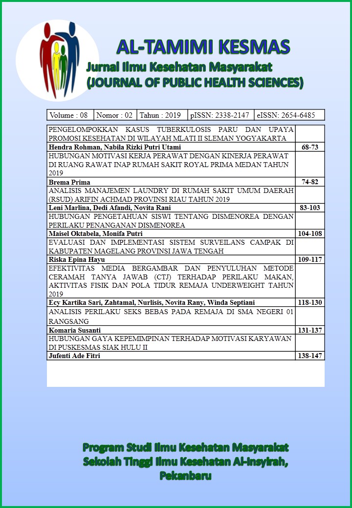 					Lihat Vol 8 No 2 (2019): Al-Tamimi Kesmas : Jurnal Ilmu Kesehatan Masyarakat (Journal of Public Health Sciences)
				