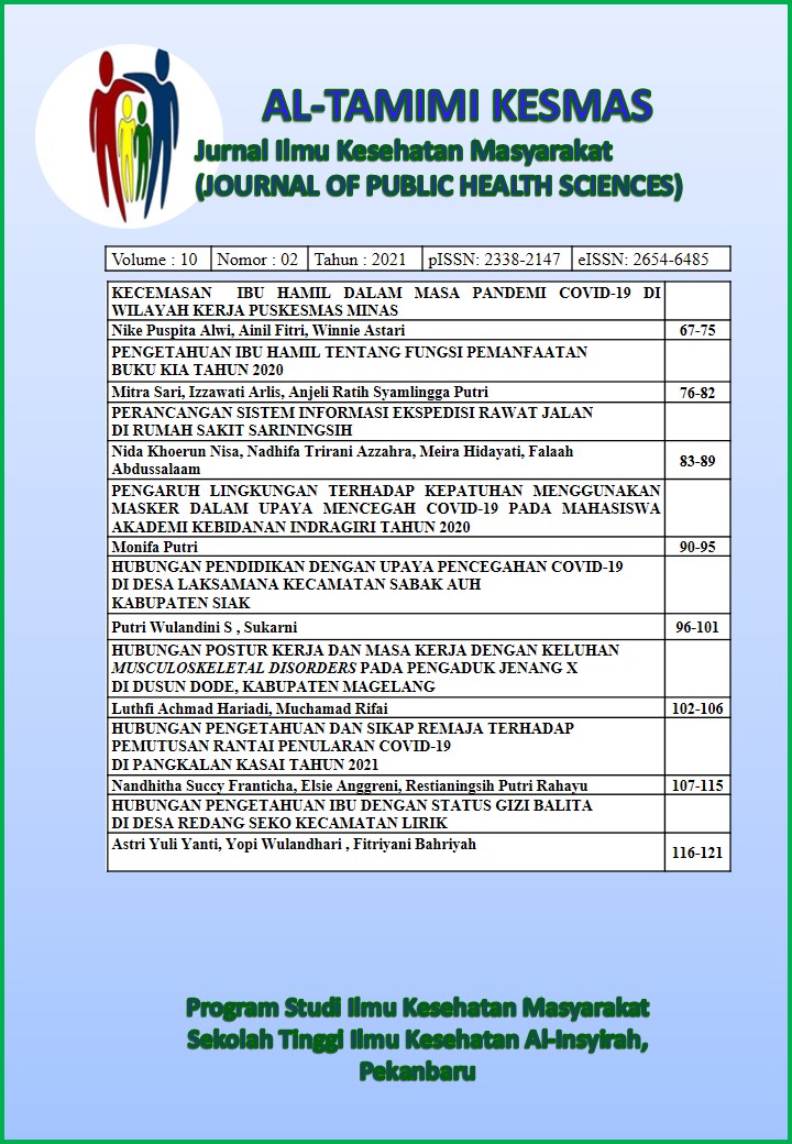 					View Vol. 10 No. 2 (2021): Al-Tamimi Kesmas: Jurnal Ilmu Kesehatan Masyarakat (Journal of Public Health Sciences)
				