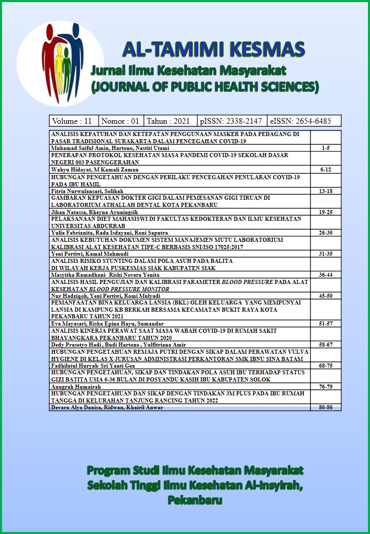 					View Vol. 11 No. 1 (2022): Al-Tamimi Kesmas: Jurnal Ilmu Kesehatan Masyarakat (Journal of Public Health Sciences)
				