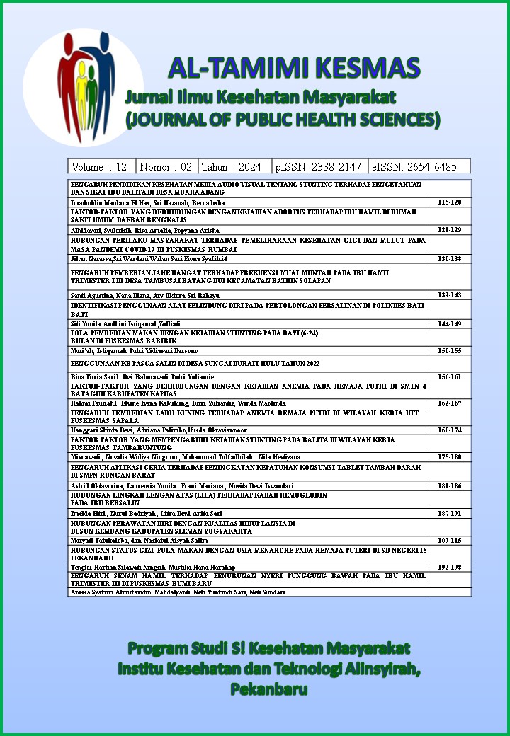 					View Vol. 12 No. 2 (2023): Al-Tamimi Kesmas: Jurnal Ilmu Kesehatan Masyarakat (Journal of Public Health Sciences)
				