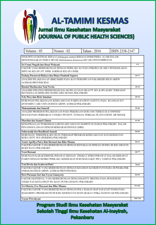 					View Vol. 5 No. 2 (2016): Al-Tamimi Kesmas : Jurnal Ilmu Kesehatan Masyarakat (Journal of Public Health Sciences)
				