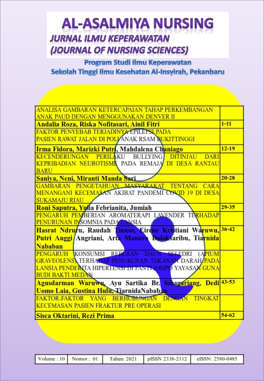 					Lihat Vol 10 No 1 (2021): Al-Asalmiya Nursing: Jurnal Ilmu Keperawatan (Journal of Nursing Sciences)
				
