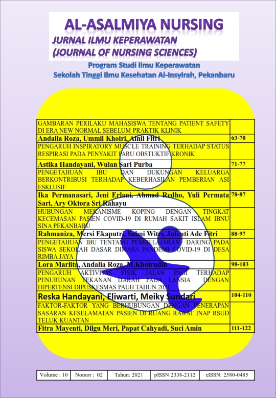 					Lihat Vol 10 No 2 (2021): Al-Asalmiya Nursing: Jurnal Ilmu Keperawatan (Journal of Nursing Sciences)
				